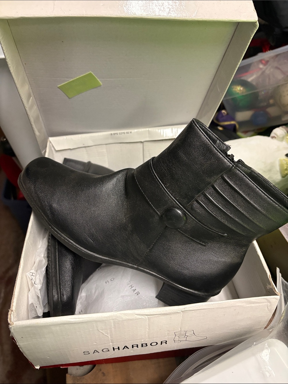 Sag Harbor Black Leather Ankle Booties with Button Accent